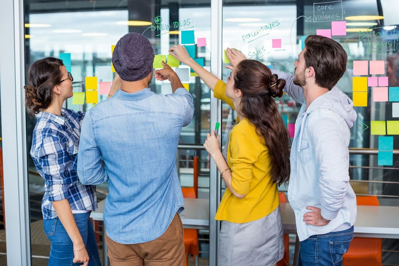 A team working through a problem together at a wall of notes